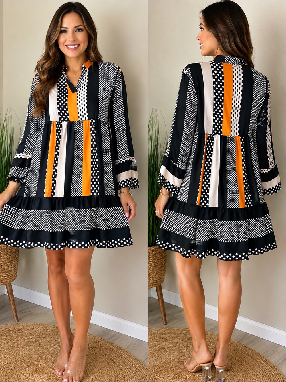 SHEIN Women's Bold Mixed-Print Tiered Dress – Black, White & Orange
